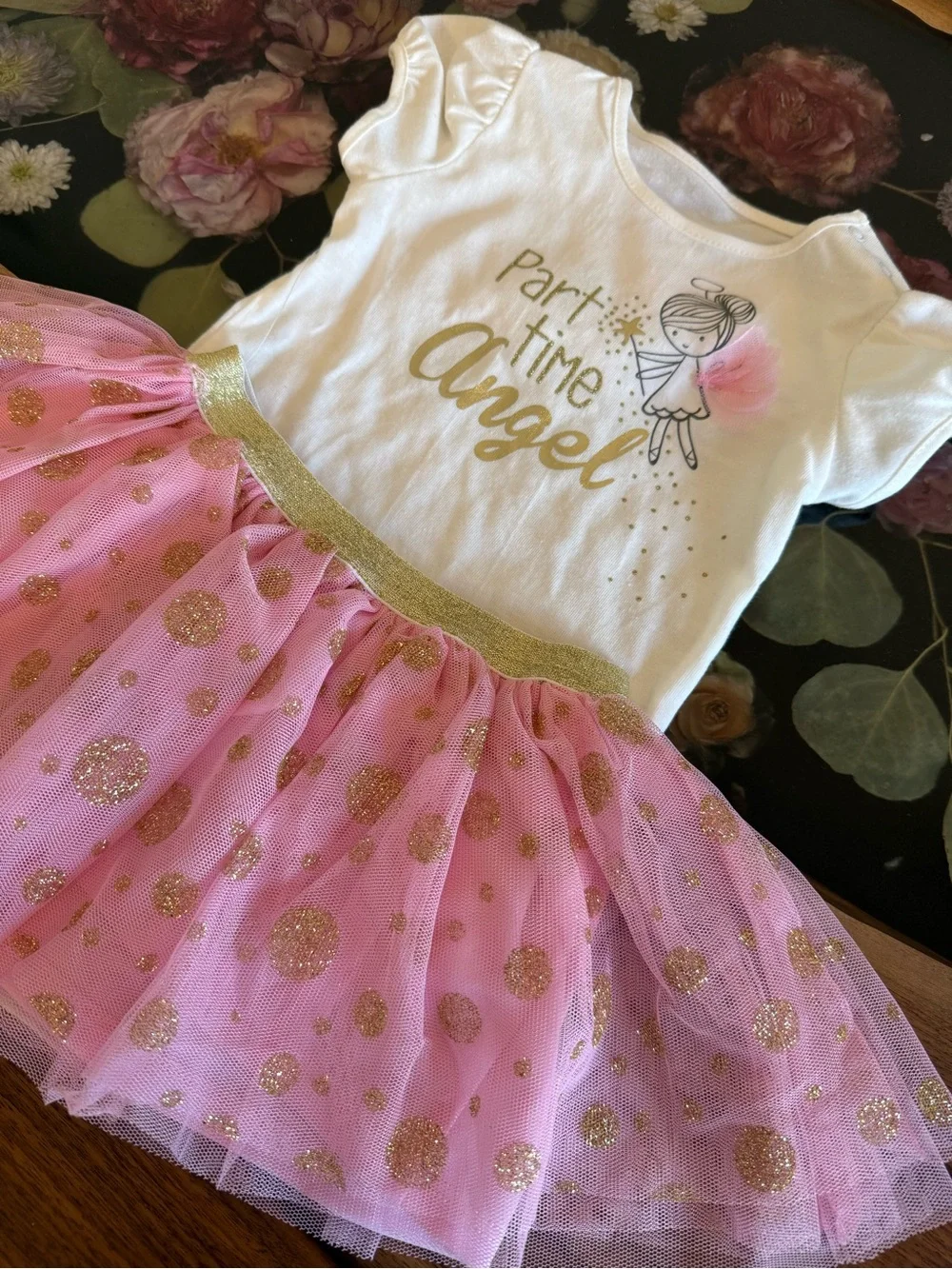 Baby Grand Signature 12 Months 2 Piece Pink Angel Gold Polka Dot Skirt Outfit